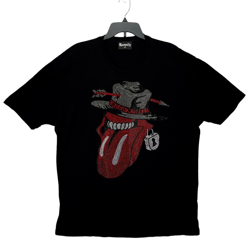 Rawyalty 2XL Crew Neck T-Shirt Black Short Sleeve Rhinestone Lips Tongue Hat USA
